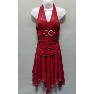 Y2K Taboo Asymmetrical Hem Midi Dress VTG 2000s Red /Slinky/Rhinestones Buckle M